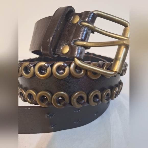 Buffalo genuine leather brown double hole steampunk grommet belt - Picture 2 of 7